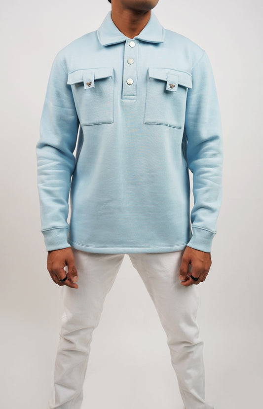 Polo Sweatshirt with Dual Pockets Powder Blue