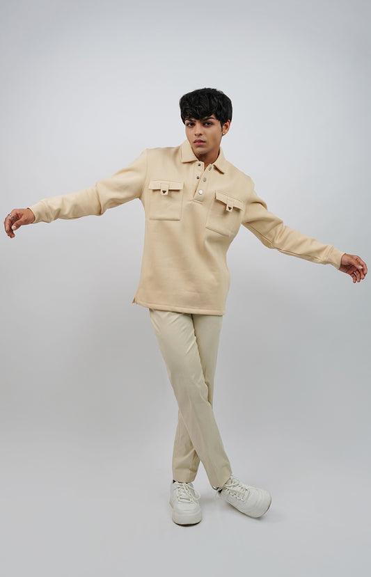 Polo Sweatshirt with Dual Pockets Beige