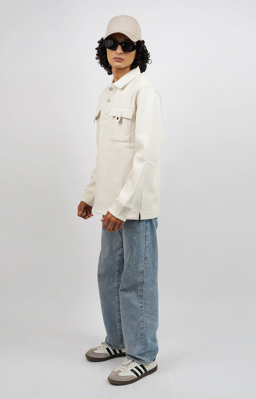 Polo Sweatshirt with Dual Pockets White