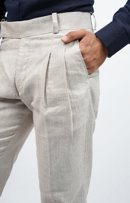 100% Linen Grey Pleated Linen Trousers