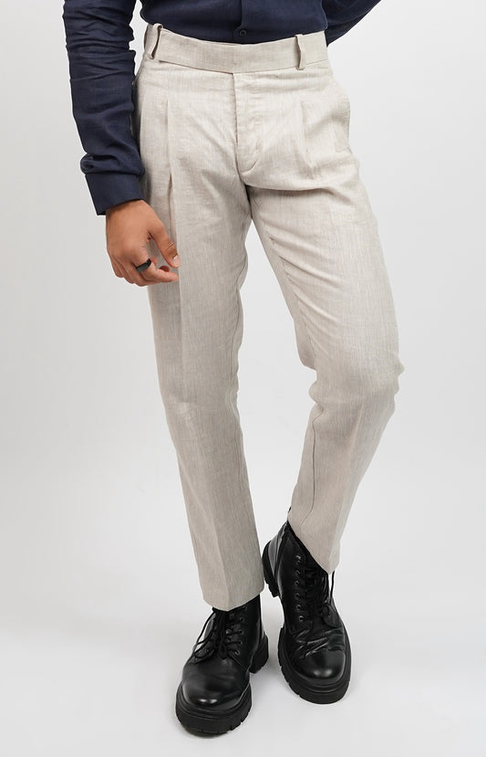 100% Linen Grey Pleated Linen Trousers