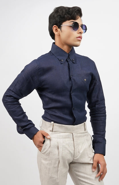 Navy 100 % Linen Formal Shirt