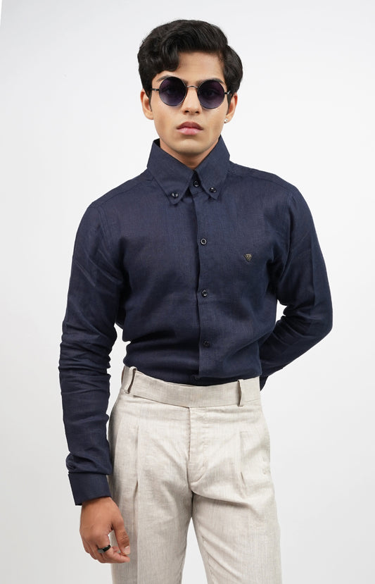 Navy 100 % Linen Formal Shirt