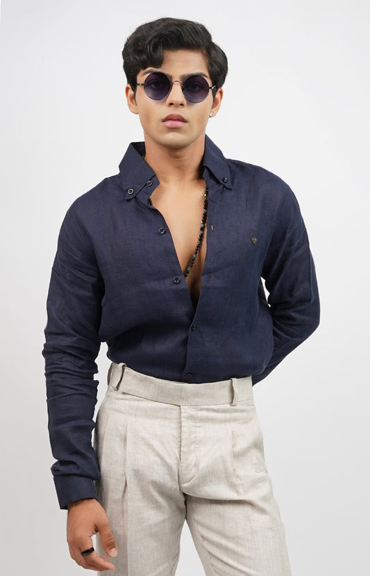 Navy 100 % Linen Formal Shirt