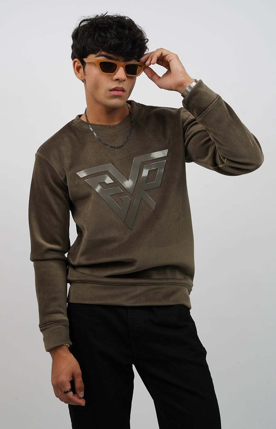 Signature EVR Waffle-Knit Sweatshirt Olive Green
